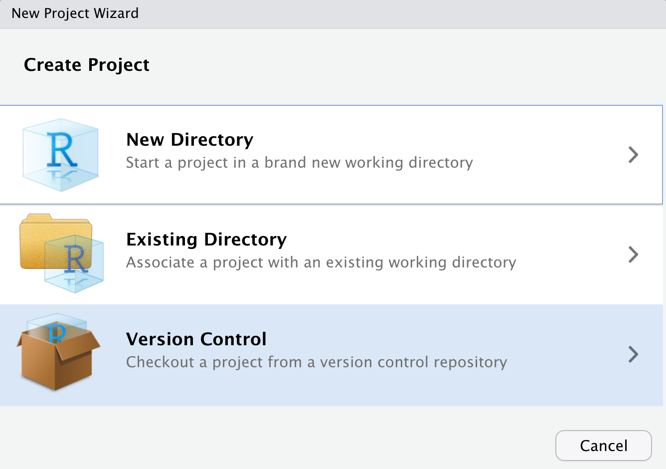 RStudio new project: version control