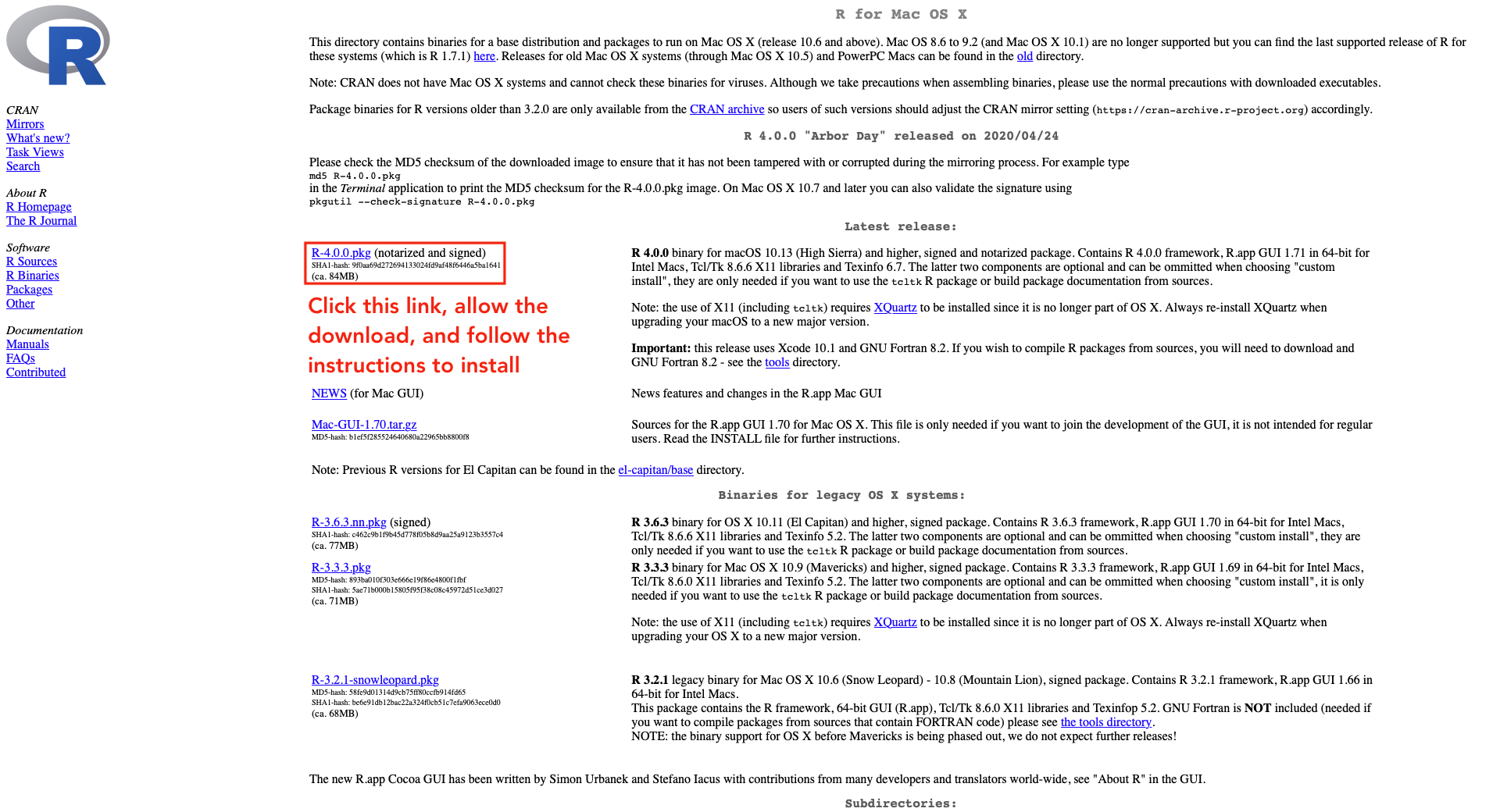 Page to download R for MacOS