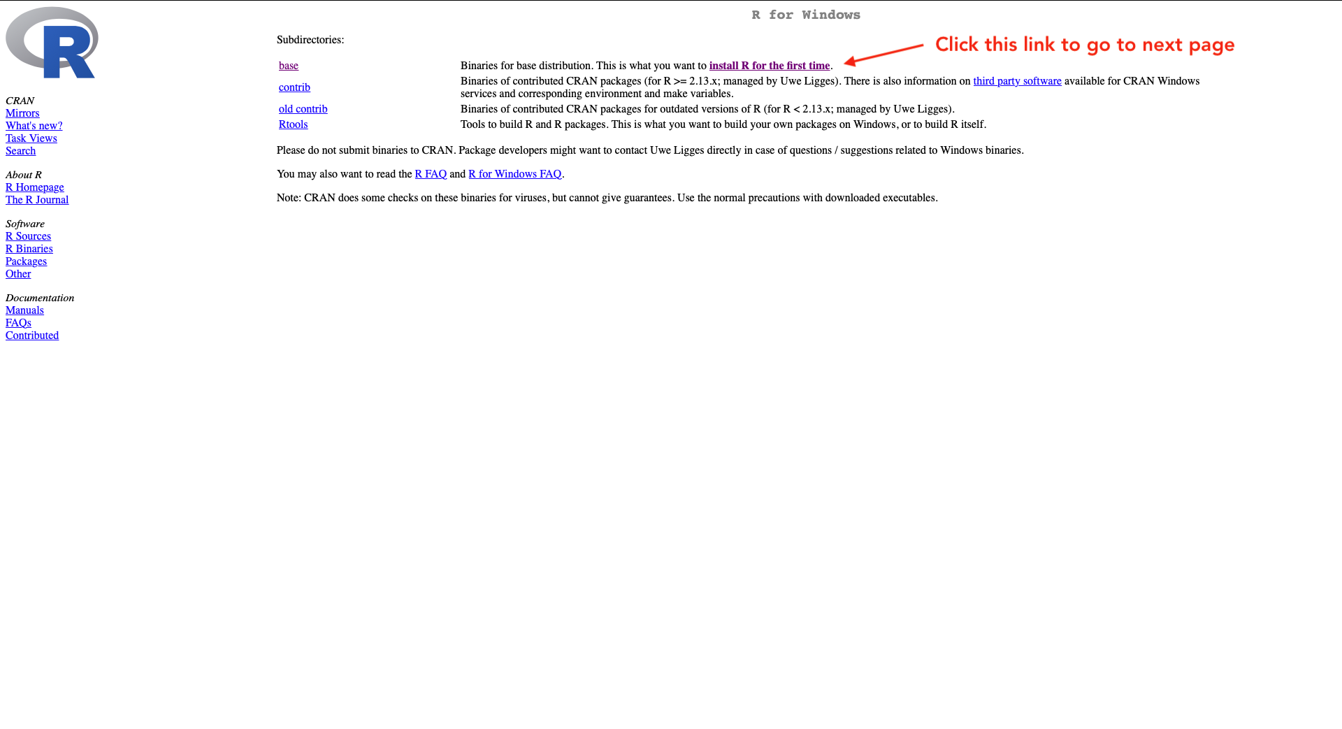 Intermediate page to download R for Windows