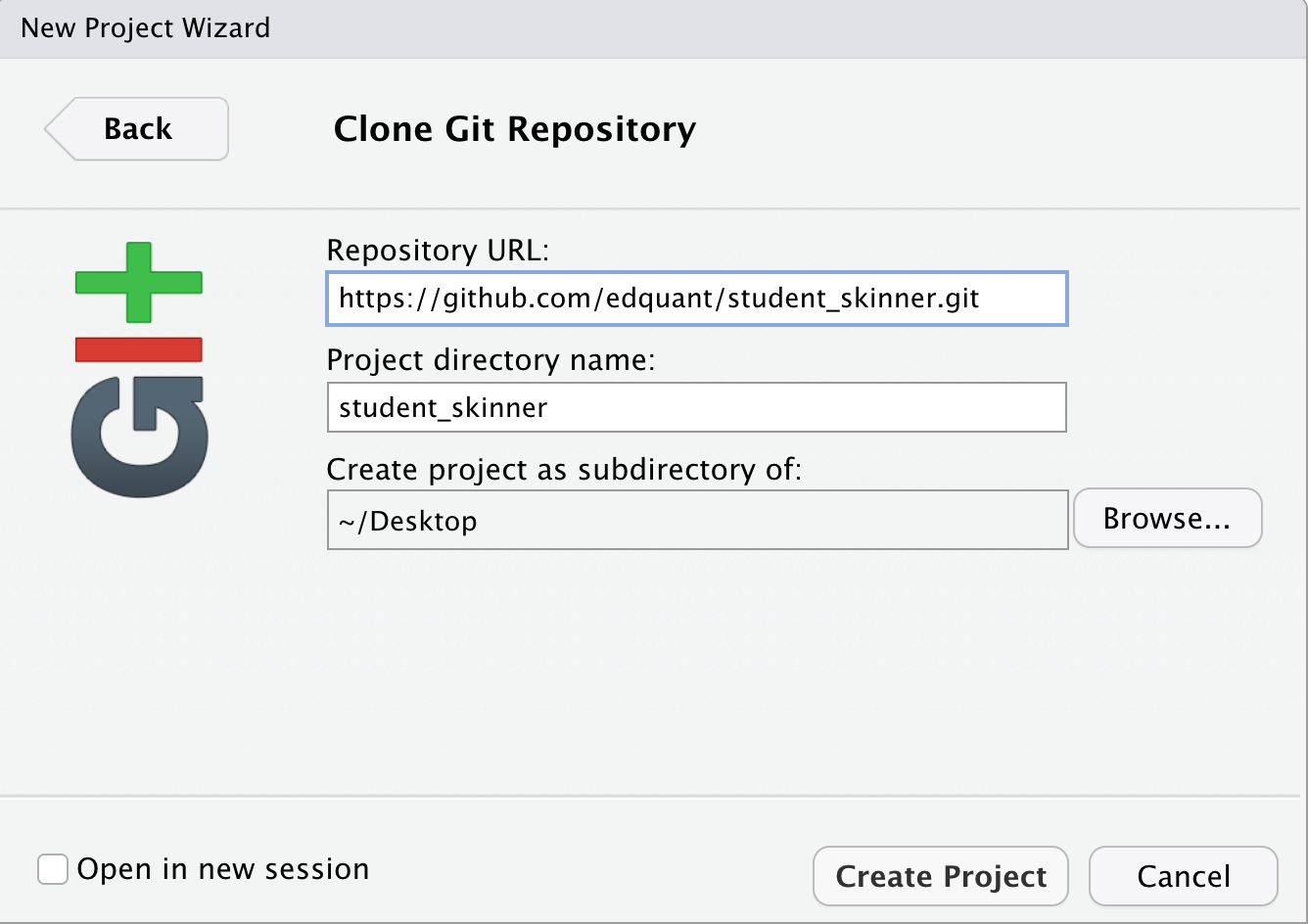 RStudio new project:
create