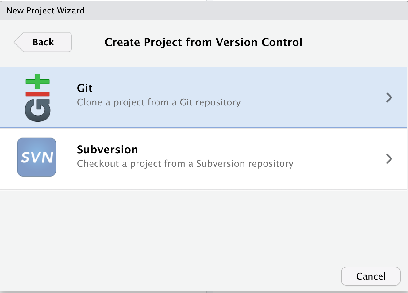 RStudio new project:
git